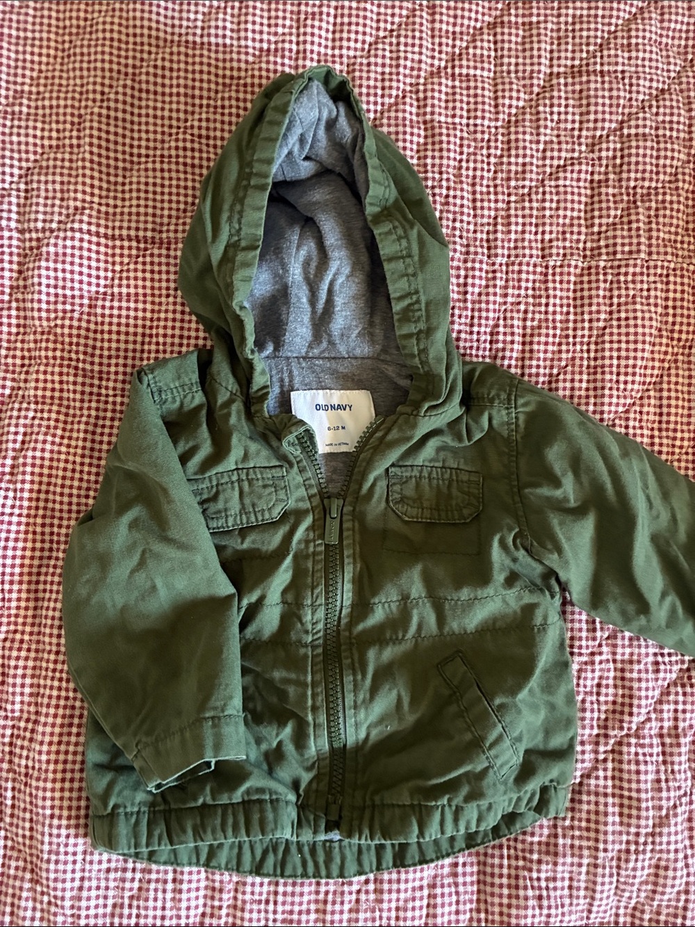 Old Navy Olive Green Hooded Jacket with Gray Lining